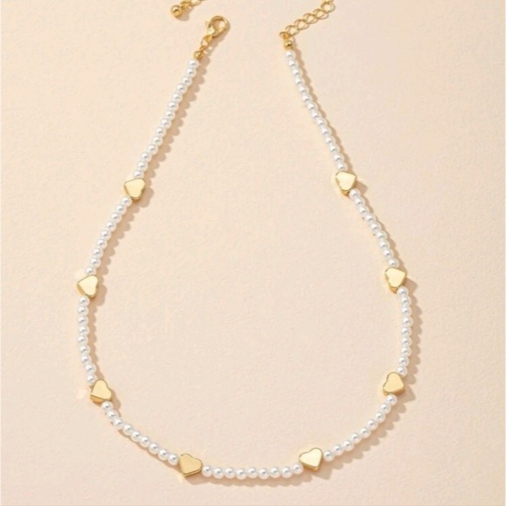 Faux Pearl and Gold Heart Choker Necklace